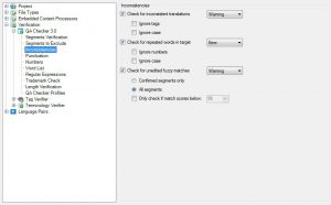 Screenshot of inconsistencies settings in SDL Trados Studio | German to English technical translation