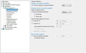 Screenshot of segments varification settings in SDL Trados Studio | German to English technical translation