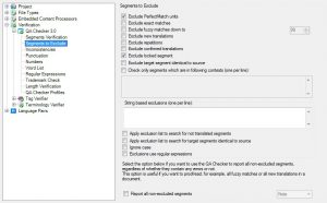 Screenshot of segments to exclude settings in SDL Trados Studio | German to English technical translation